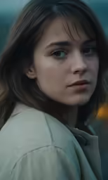 a woman with dark brown hair looking into the distance
