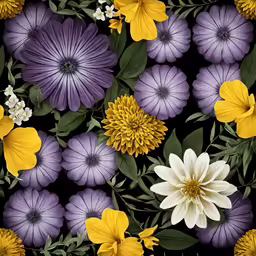 many different colored flowers and leaves on a black background