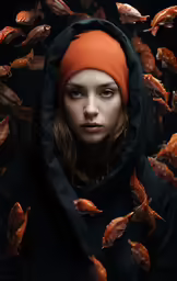 a woman surrounded by many fish flying in the air