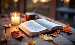 an open book, candle and cup are placed on a table