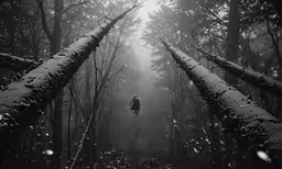 a person is walking on the forest trail in the rain