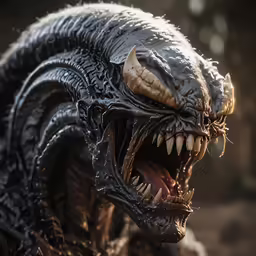 a close up view of the alien head with sharp teeth