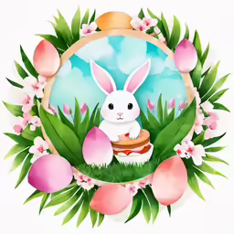 easter bunny, basket of eggs, and flowers with watercolor painting
