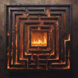a fire place inside of a building with a fire coming out of it