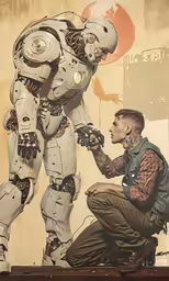 a man is working with a white robot
