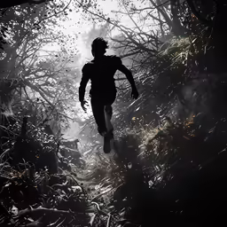 a person jumping in the air while walking through some fog