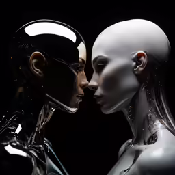 a couple of humanoids are kissing and cuddling