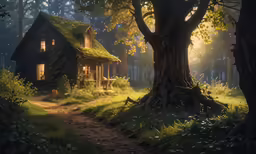 a house with a green roof is next to a tree