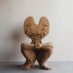 a wooden model of a man sitting on the ground