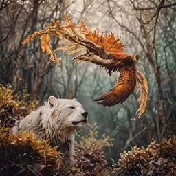 a big white dog with yellow feathers is near a bird flying above it