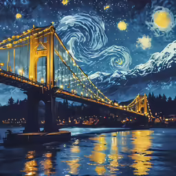 the golden bridge glows in the night sky as the stars move past