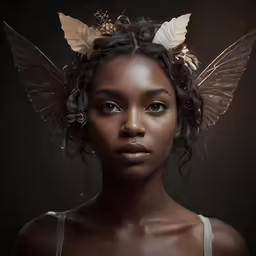 an artistic shot of a girl wearing a wreath and wings