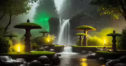 a forest scene with waterfall and lanterns in the foreground