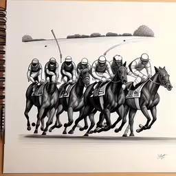 a picture of horse racing by the coach,a drawing of three horses being drawn with jockeys on them