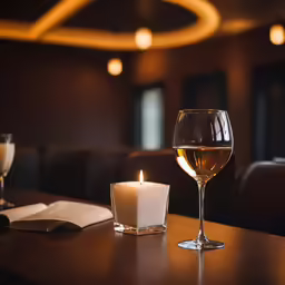 wine glass and candle sitting on a table