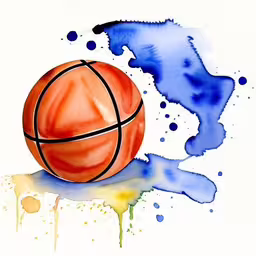 a painting of a basketball ball sitting on top of a blue painted surface,a basketball is sitting on top of some paint splatters,a watercolor painting of a basketball sitting on top of spilled blue ink,an artistic painting of a basketball on a surface,a basketball sits on top of the floor in blue paint