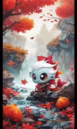 a cartoon girl in a forest sitting on the rocks