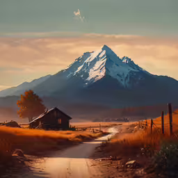 a dirt road leads to a house with a mountain in the background,an old dirt road leads to a wooden shack in front of a mountain