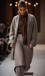 a female model walking on a runway in an oversized coat and pants