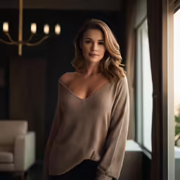 a women in a black dress and a brown sweater