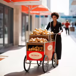 woman pushing cart of breads on a city sidewalk