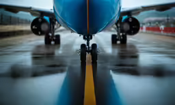 an airplane sits at the edge of the runway
