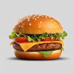 a cheeseburger on a sesame seed bun and lettuce
