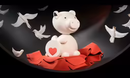 several white birds are feeding a little pig on some red fabric
