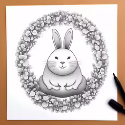 a drawing with a rabbit and flower decorations
