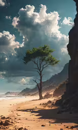 lone tree standing on beach under a cloudy sky