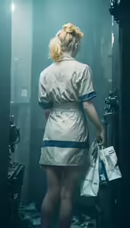 a lady in a white dress is walking towards a large machine