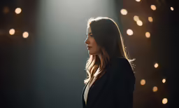 woman in black suit and lights behind her