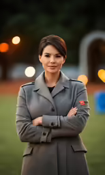 a woman in an army uniform standing with her arms crossed