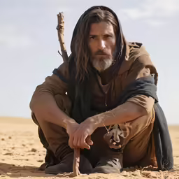 a bearded man sits in the desert, holding a stick