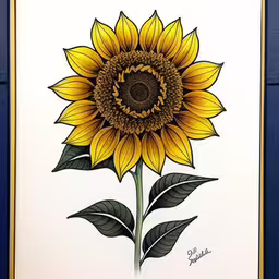 a hand - colored art work shows a yellow sunflower,a sunflower in a frame with watercolor on paper