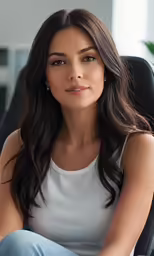 a beautiful young woman sitting in an office chair