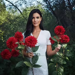 a beautiful young woman holding onto flowers in a field