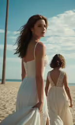 the back view of two women in white dresses