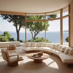 an inside living room with large windows overlooking the ocean