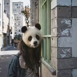a panda bear with long hair and a jacket