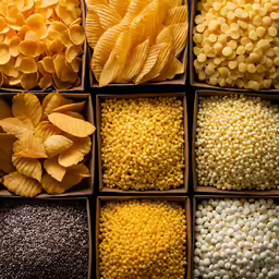 various types of pasta are in an arrangement