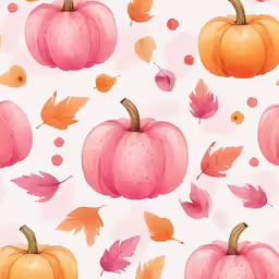 some watercolor pumpkins and leaves on white background