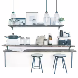 two bar stools with black bases are below a display of shelves containing objects