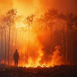 a man standing in a forest by fire