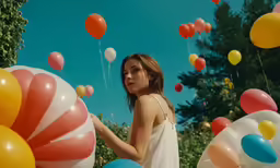 a woman looking at balloon in front of her