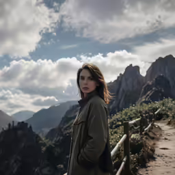 a woman is standing on the edge of a mountain