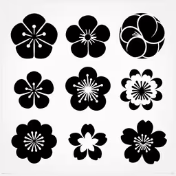 six flower prints are shown on a white surface,five different black and white flowers on a white background