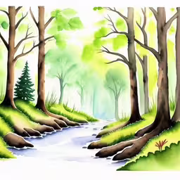 a painting of a creek going into the woods,a painting shows a stream running through a forested area,this is a painting of a forest,a watercolor painting of a small creek through the woods,a picture of some trees and a river