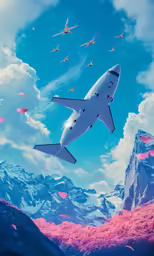 a rendering airplane and other planes in the sky
