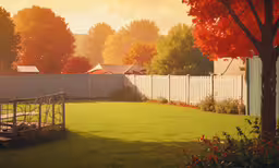 this is a picture of a backyard and it is in the fall,a grassy yard with a tree in the foreground and fence surrounding it